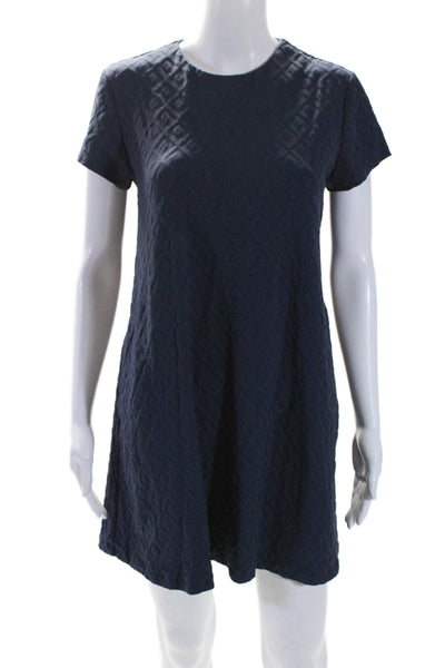 J. Mclaughlin Womens Geometric Round Neck Short Sleeve A-Line Dress Navy Size M