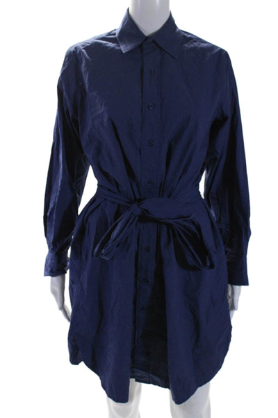 Frances Valentine Womens Cotton Buttoned Belted Collared Dress Blue Size M