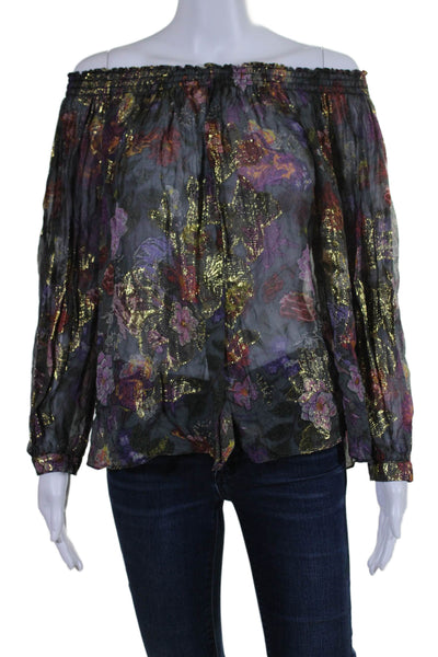 Artelier Nicole Miller Womens Off Shoulder Metallic Floral Top Gray Size Medium