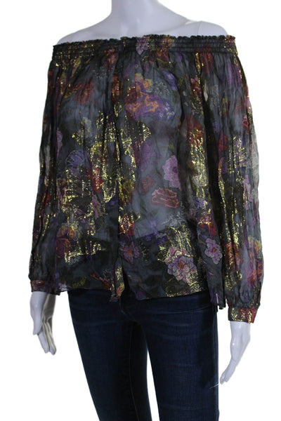 Artelier Nicole Miller Womens Off Shoulder Metallic Floral Top Gray Size Medium