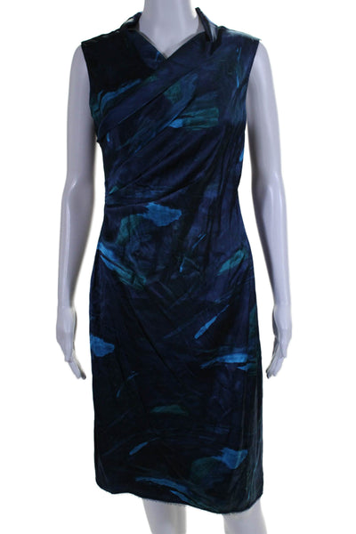 Elie Tahari Womens Side Zip Sleeveless V Neck Printed Silk Dress Blue Size 6