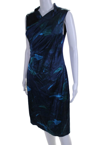 Elie Tahari Womens Side Zip Sleeveless V Neck Printed Silk Dress Blue Size 6