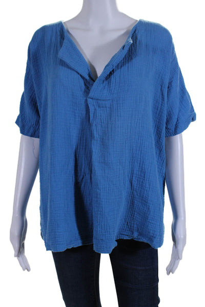 Hatch Womens Short Sleeve V Neck Oversized Gauze Shirt Blue Cotton Size 1