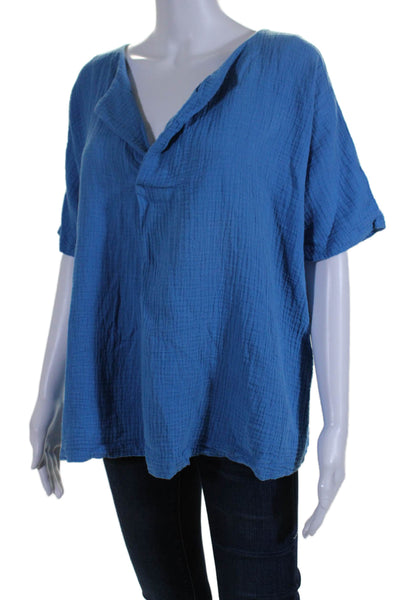 Hatch Womens Short Sleeve V Neck Oversized Gauze Shirt Blue Cotton Size 1