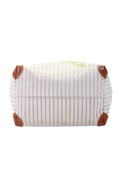 Miki Thumb Womens Leather Trim Striped Skull Print Shoulder Handbag White Pink