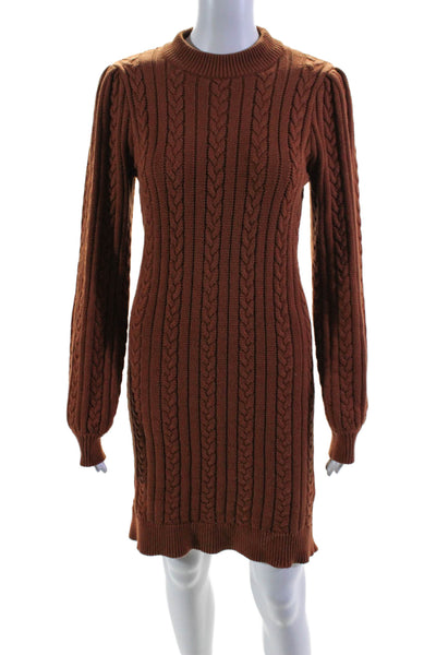 Wayf Women's Round Neck Long Sleeves Cable Knit Mini Sweater Dress Brown Size S