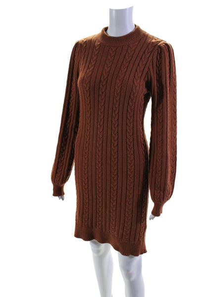 Wayf Women's Round Neck Long Sleeves Cable Knit Mini Sweater Dress Brown Size S