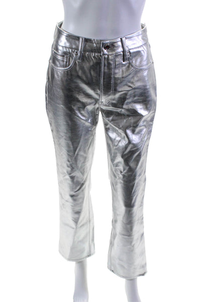 Good American Women's High Waist Straight Leg Faux Leather Pants Silver Size 25