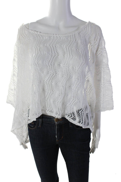 Alexis Womens White Open Knit Scoop Neck 3/4 Sleeve Oversize Poncho Top SizeXS/S