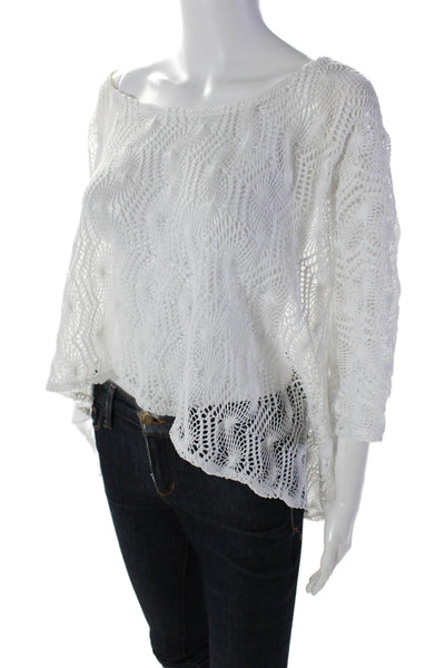 Alexis Womens White Open Knit Scoop Neck 3/4 Sleeve Oversize Poncho Top SizeXS/S