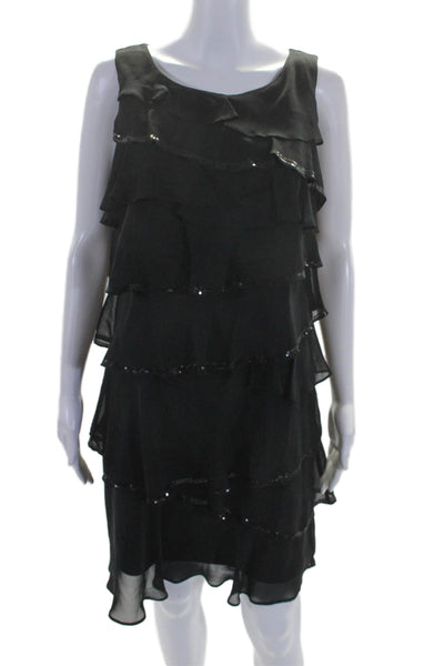 Calvin Klein Womens Black Sequins Ruffle Crew Neck Sleeveless Shift Dress Size 6