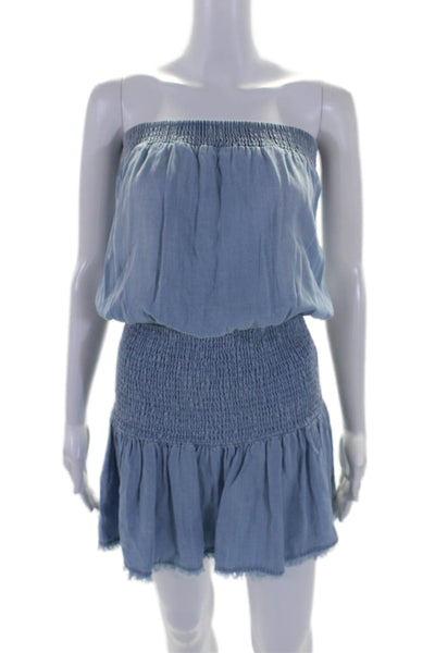 Cindigindi Womens Blue Chambray Smocked Strapless Drop Waist Dress Size S