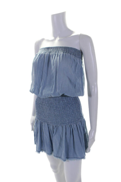 Cindigindi Womens Blue Chambray Smocked Strapless Drop Waist Dress Size S