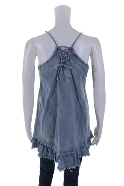 Blank NYC Womens Cotton Blue Chambray Lace Up Back Sleeveless Tunic Top Size XL