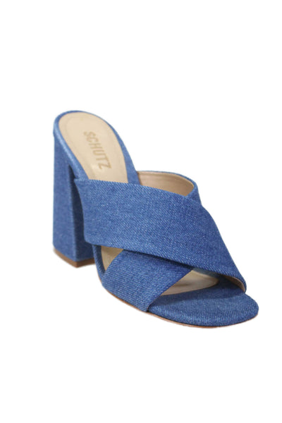 Schutz Womens Blue Denim Criss Cross Block Heels Mules Shoes Size 7.5B