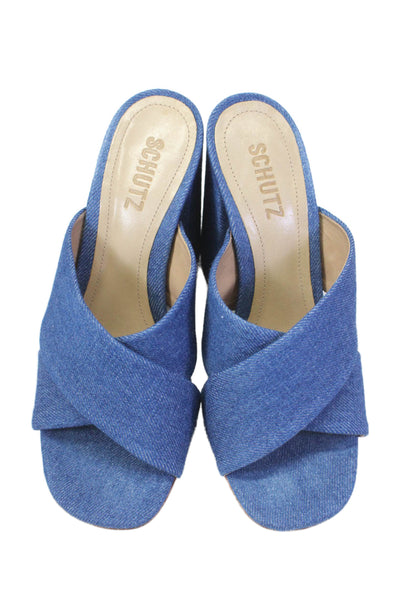 Schutz Womens Blue Denim Criss Cross Block Heels Mules Shoes Size 7.5B