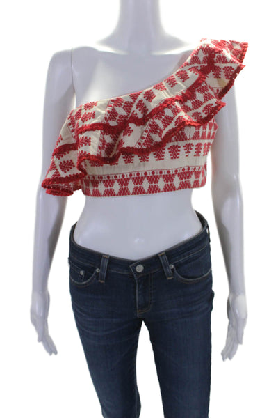 Alexis Womens Zip Up Ruffled One Shoulder Embroidered Crop Top White Red Medium