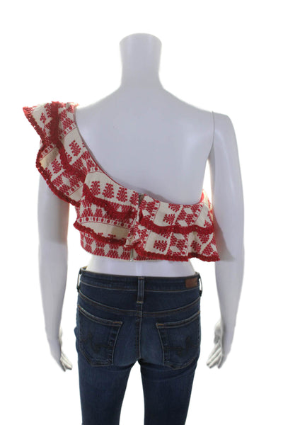 Alexis Womens Zip Up Ruffled One Shoulder Embroidered Crop Top White Red Medium