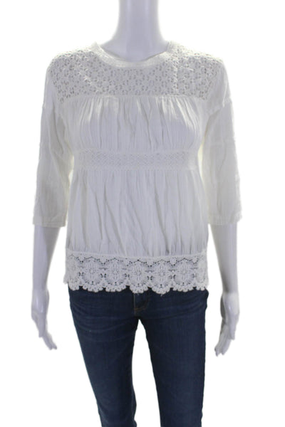 Maje Womens Button Back 3/4 Sleeve Lace Trim Top White Cotton Size 1