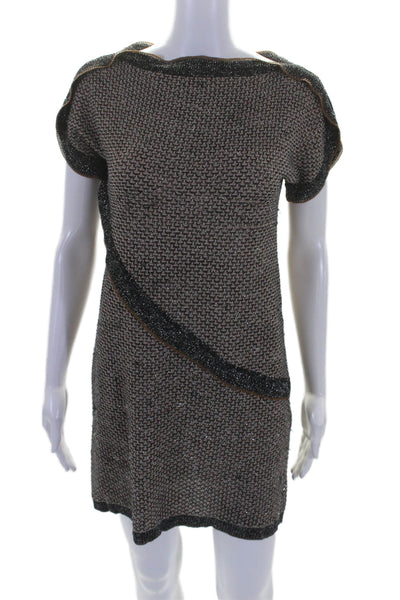 M Missoni Womens Short Sleeve Boat Neck Metallic Knit Dress Brown Navy Size 4