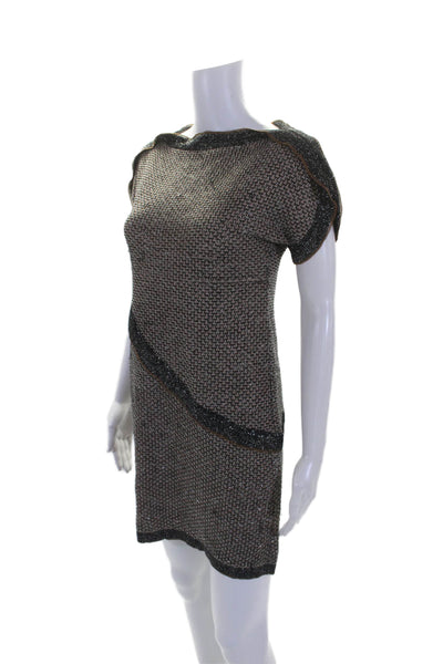 M Missoni Womens Short Sleeve Boat Neck Metallic Knit Dress Brown Navy Size 4