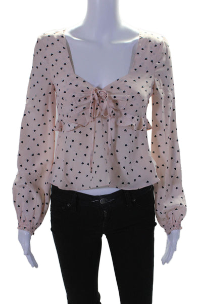 Intermix Womens Silk Heart Print Long Sleeve V-Neck Blouse Top Light Pink Size 0