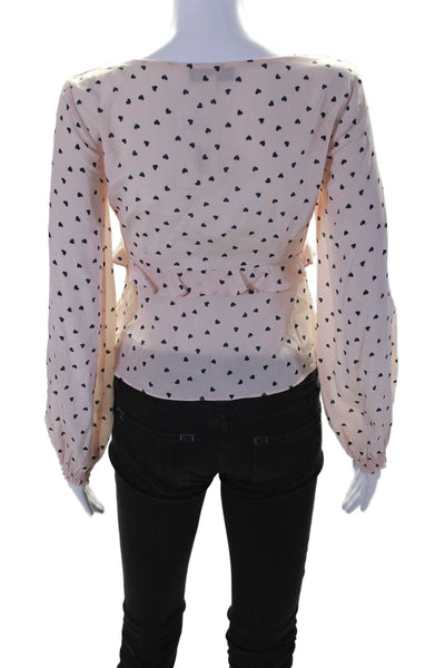 Intermix Womens Silk Heart Print Long Sleeve V-Neck Blouse Top Light Pink Size 0