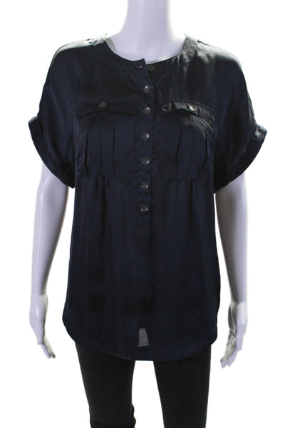 DKNY Jeans Womens Front Pocket Short Sleeve Button Down Blouse Blue XS