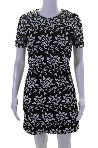 Sandro Paris Womens Back Zip Short Sleeve Embroidered Dress Black White Size 1