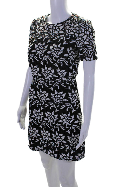 Sandro Paris Womens Back Zip Short Sleeve Embroidered Dress Black White Size 1