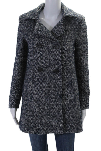 Zara Womens Herringbone Print Textured Collared Buttoned Coat Blue Size XS