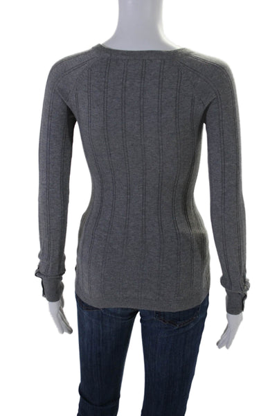 Theory Womens Cotton Ribbed Buttoned Long Sleeve Pullover Sweater Gray Size P