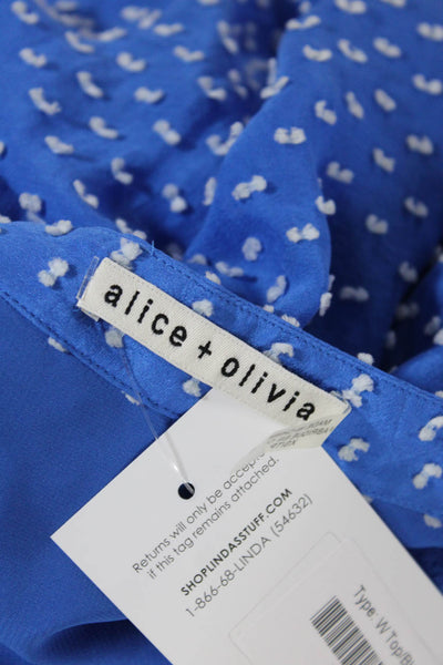 Alice + Olivia Womens Long Sleeve V Neck Textured Polka Dot Blouse Blue Size XS