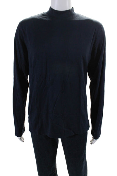 Vince Men's Mock Neck Long Sleeves Basic T-Shirt Navy Blue Size L