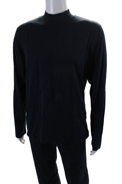 Vince Men's Mock Neck Long Sleeves Basic T-Shirt Navy Blue Size L