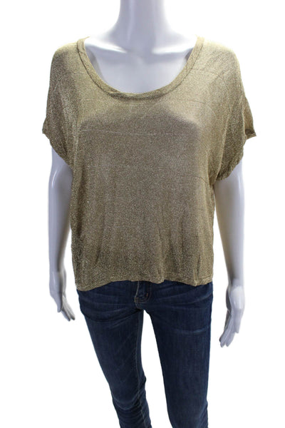 Rag & Bone Womens Metallic Scoop Neck Short Sleeve Crop Blouse Gold Size S