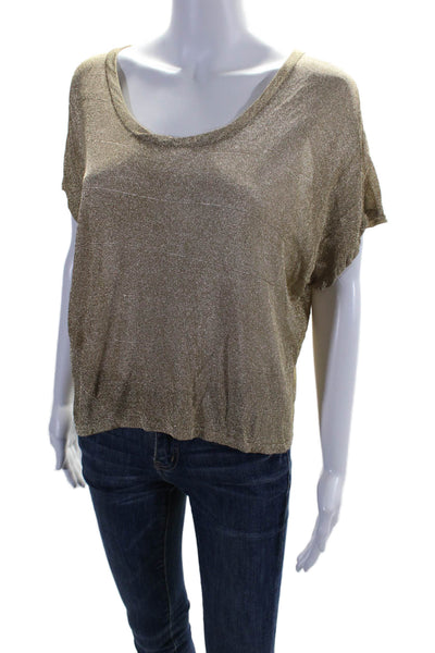 Rag & Bone Womens Metallic Scoop Neck Short Sleeve Crop Blouse Gold Size S