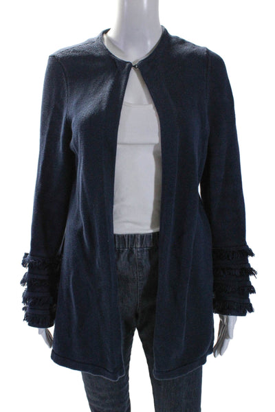 J. Mclaughlin Womens Cotton Fringed Tiered Long Sleeve Cardigan Navy Size L