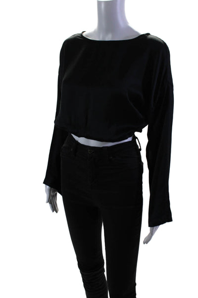 Stillwater Women's Round Neck Long Sleeves Cinch Waist Blouse Black Size S