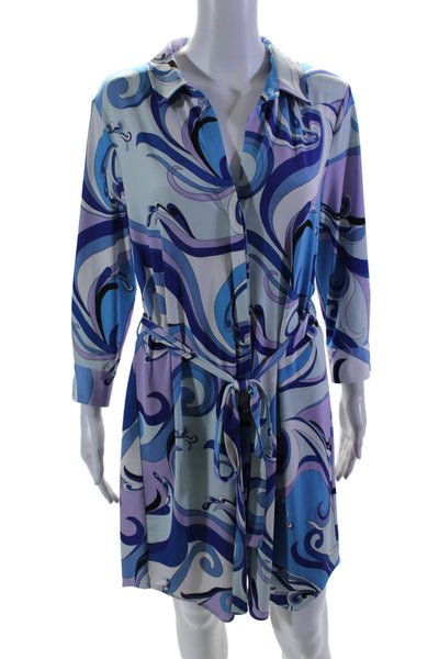 L'Agence Womens Abstract Print Knee Length Button Down Shirt Dress Blue Size L