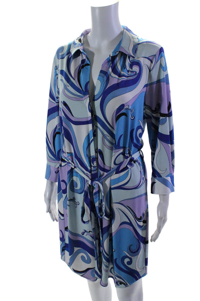 L'Agence Womens Abstract Print Knee Length Button Down Shirt Dress Blue Size L