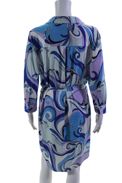 L'Agence Womens Abstract Print Knee Length Button Down Shirt Dress Blue Size L