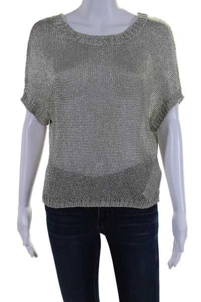 Vince Womens Short Sleeve Scoop Neck Metallic Knit Shirt Silver Tone Size XS