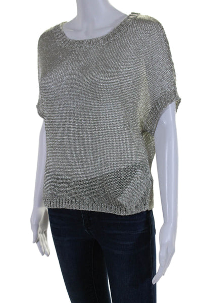 Vince Womens Short Sleeve Scoop Neck Metallic Knit Shirt Silver Tone Size XS