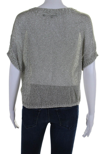 Vince Womens Short Sleeve Scoop Neck Metallic Knit Shirt Silver Tone Size XS