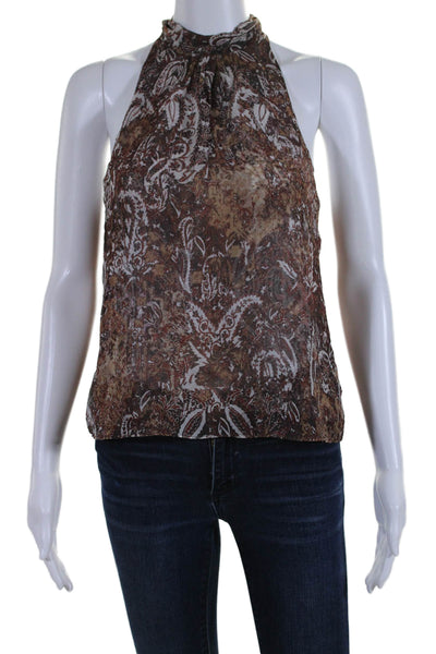 Intermix Womens Sleeveless Tie Neck Abstract Silk Blouse Brown White Size Petite