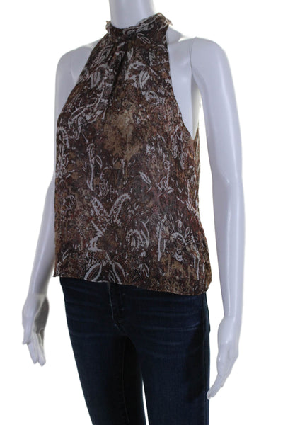 Intermix Womens Sleeveless Tie Neck Abstract Silk Blouse Brown White Size Petite