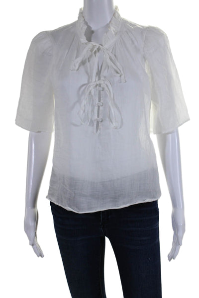 Frame Womens Short Sleeve Half Button Tie Neck Shirt White Size Small