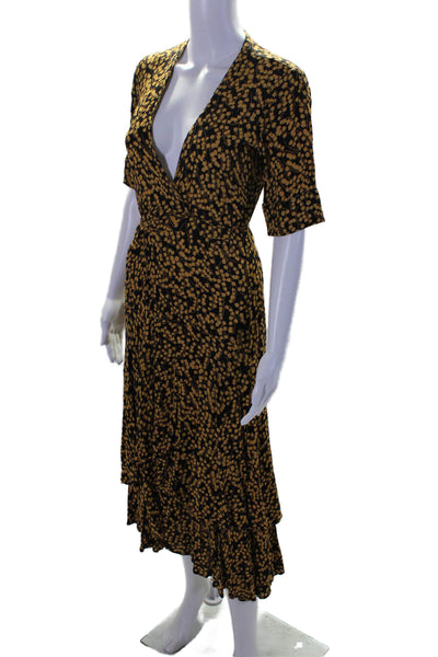 Ganni Womens 3/4 Sleeve Floral Print Wrap Dress Yellow Black Size 36