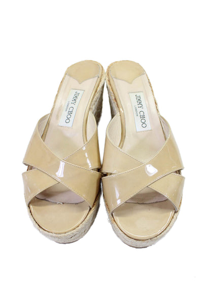 Jimmy Choo Womens Patent Leather Peep Toe Platform Sandals Beige Size 8